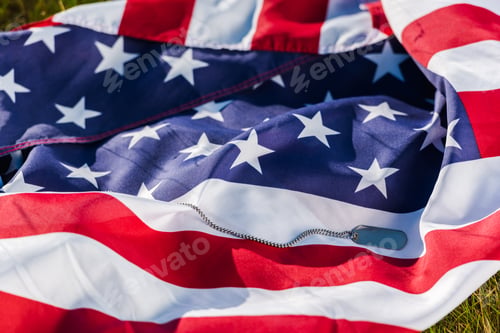 Preview: military badge on chain near american flag with stars and stripes