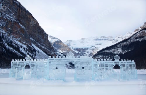 Preview: Ice castle on a frozen lake, with mountain range in the background.