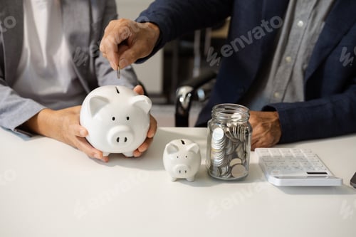 Preview: Adults Saving Money with Piggy Banks and Coins