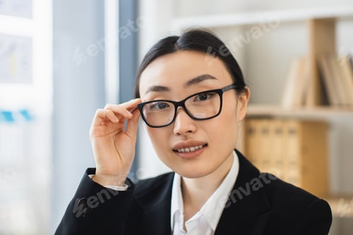 Preview: Confident Asian businesswoman portrait in modern office setting