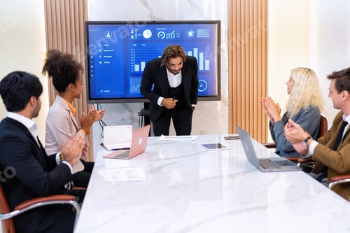 Preview: Employee on job corporate Business colleagues around the table look presentation from large screen