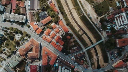 Preview: Top view of the artificial water channel in Brcko district with a bridge linking the lands, Bosnia