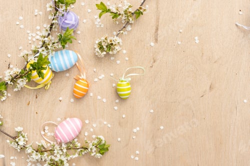 Preview: Easter decorative composition with painted eggs, flowering branches.