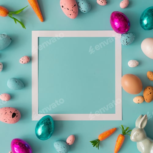 Preview: Easter composition made with colorful eggs and carrots on bright blue background.