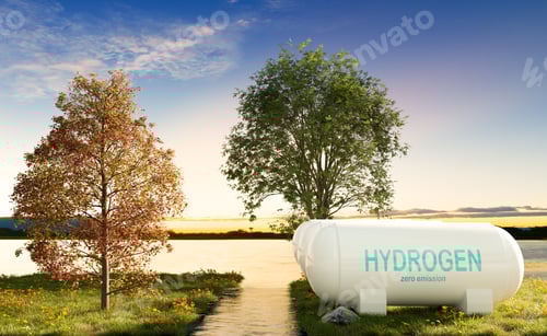 Preview: hydrogen power storage nearly river in sunset scene
