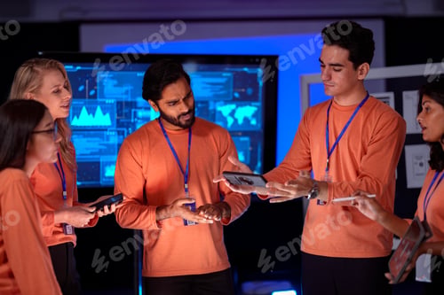 Preview: team of app developers in uniform presents their new software on smartphones.