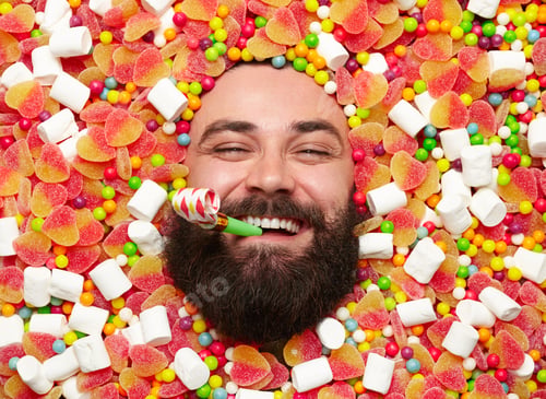 Preview: Bearded man with toy flute and candies