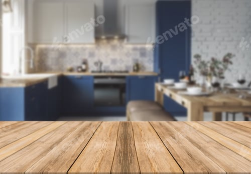 Preview: Wooden board empty table blurred background modern kitchen