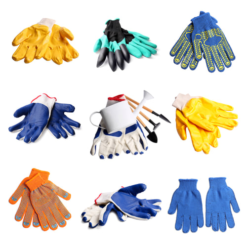 Preview: Set with different gardening gloves and tools on white background