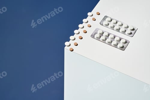 Preview: Assorted pills and tablets on white surface against blue background highlighting
