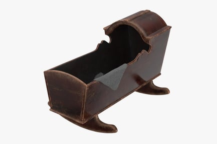 Preview: Distressed Wooden Baby Cradle with Gray Pillow