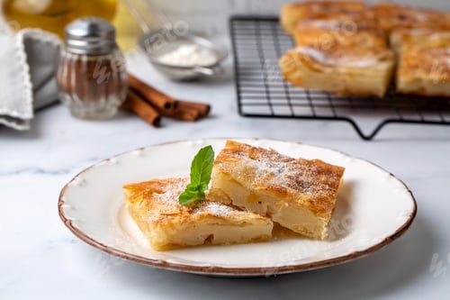 Preview: Greek pie called Bougatsa with cheese slightly blurred cross section and selective focus