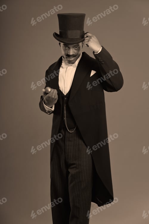 Preview: Retro Afro American Dickens Scrooge Man With Mustache. Wearing Black Hat. Holding His Hat.