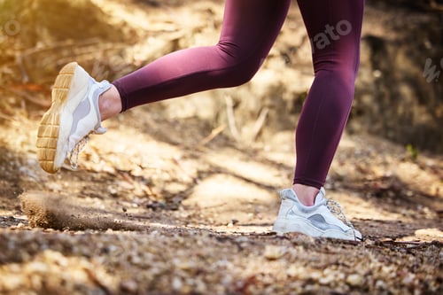 Preview: Running, fitness and shoes of woman in nature park for workout, health and cardio training. Wellnes