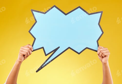 Preview: Social media announcement, woman and hands with speech bubble for opinion, marketing space or brand
