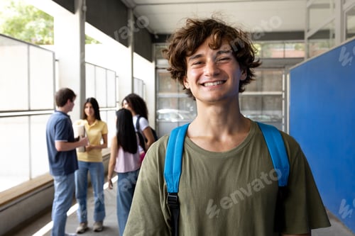 Preview: Smiling male student wearing backpack at school hallway