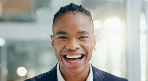 Preview: Black man, business portrait and smile in office for company about us or profile picture and excite