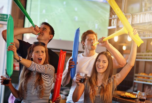 Preview: Group of friends watching soccer in pub
