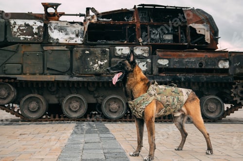 Preview: Malinois Dog in Bulletproof Vests against Military Equipment. Belgian Shepherd Malinois dog