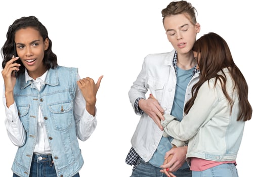 Preview: two girls talking on a cell phone and one is holding another girl