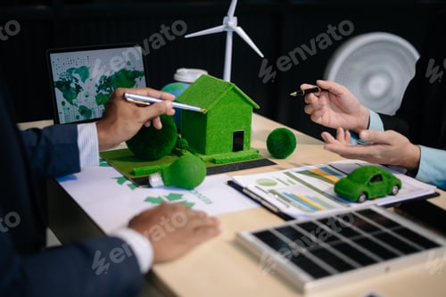 Preview: business team people planning and discussing on recycle reduce reuse policy symbol