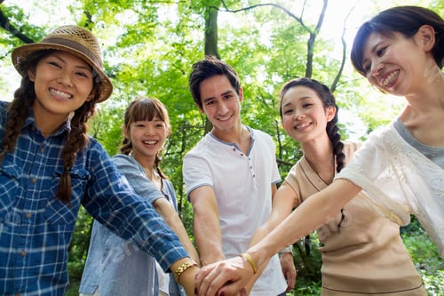 Preview: Group of friends at an outdoor party in a forest.