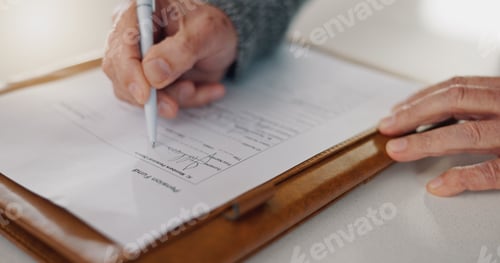 Preview: Senior person, hands and sign paper in home, insurance documents and planning for asset management.