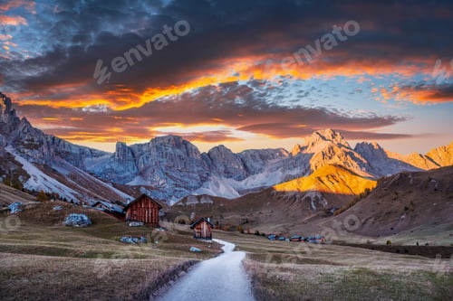 Preview: Wooden cabins in Fuchiade valley in Italian Dolomites