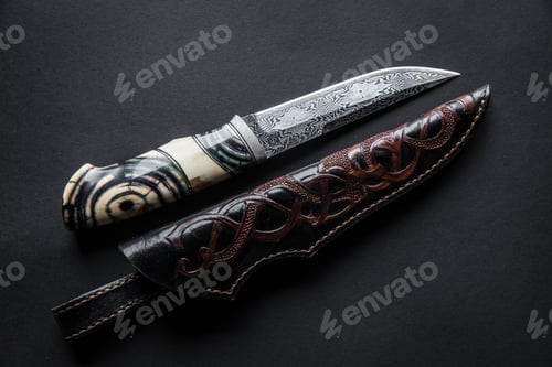 Preview: Hunter knife with wooden handle on a dark background
