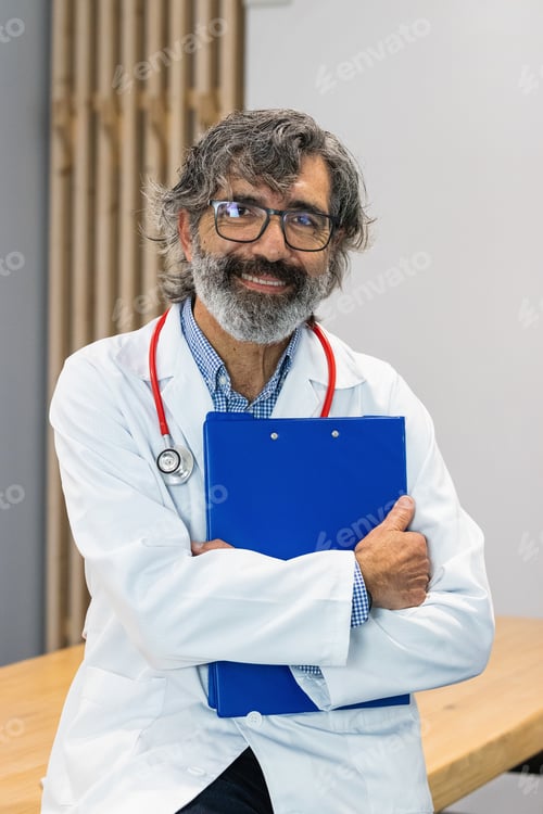 Preview: Smiling senior doctor looking at camera in hospital