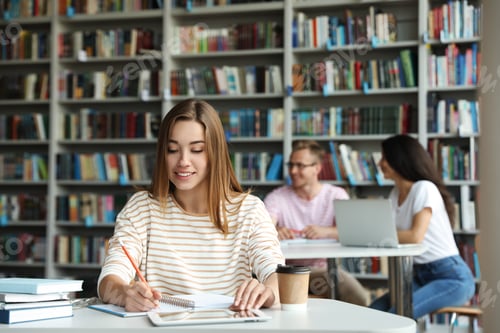Preview: Young woman studying at table in library