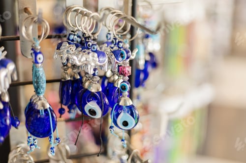 Preview: A market stall features jewelry made of blue glass. Different designs hang on a metal rack