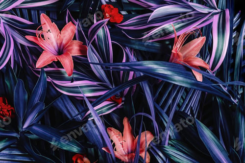 Preview: Creative fluorescent background of leaves and flowers of tropical plants.
