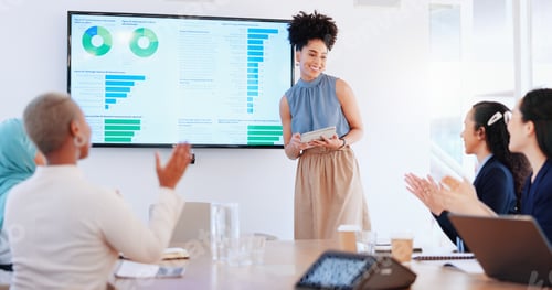 Preview: Business woman, seminar success and applause with tablet and screen, stats and ppt, infographic and