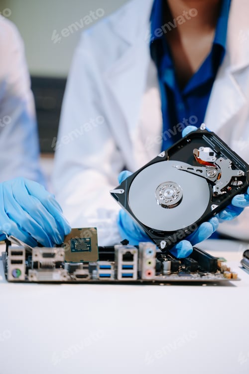 Preview: Technician repairing inside of hard disk drive by screwdriver. the concept of data, hardware