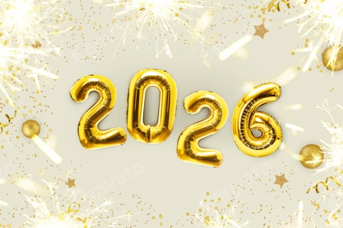 Visualização: Balões dourados de luxo, ano novo de 2026 com faíscas douradas, luzes de bengala estão sobre um fundo bege.