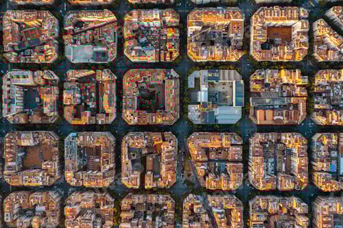 Preview: Aerial view of typical buildings of Barcelona cityscape. Eixample residential famous urban grid
