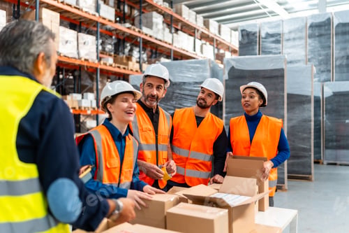 Preview: Diverse logistics workers collaborating in warehouse packing parcels