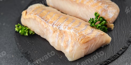 Preview: white fish fillet raw seafood fresh tasty food dish gourmet food background on the table rustic food