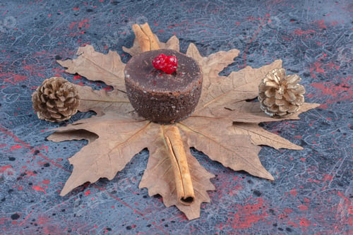 Preview: Small chocolate cake, cinnamon sticks and pine cones on plane tree leaves on abstract background