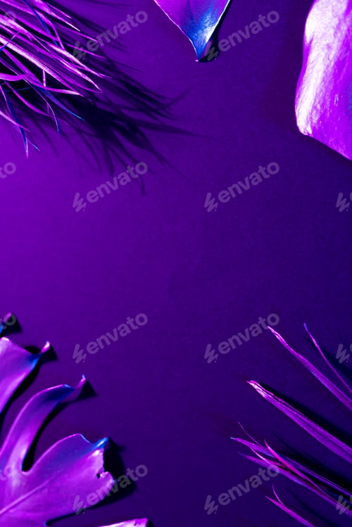 Preview: Image of vibrant neon lit purple leaves over purple background with copy space