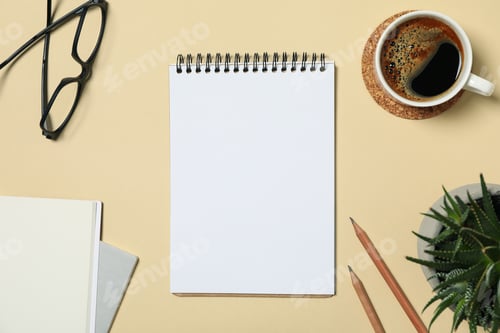 Preview: Office concept with blank notebook on beige background, space for text