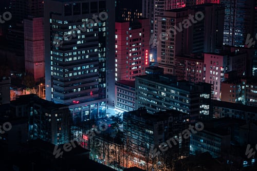 Preview: Aerial view of vibrant night-time cityscape featuring illuminated skyscrapers in Wuhan