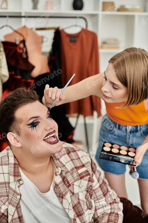 Preview: Stylish Queer Individual Enjoying Makeup Session With Close Friend at Home