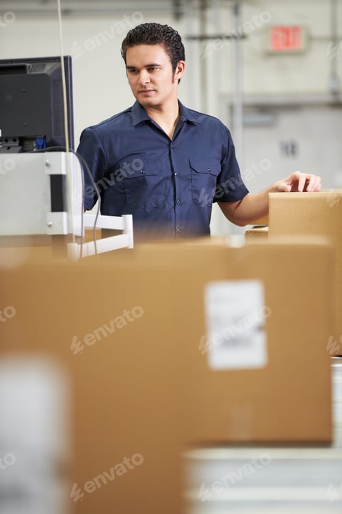 Preview: Worker Checking Goods On Belt In Distribution Warehouse