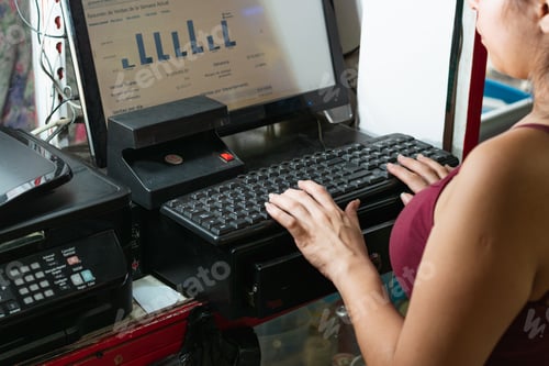 Preview: latina woman entrepreneur in her business looking at the sales statistics graph on the computer
