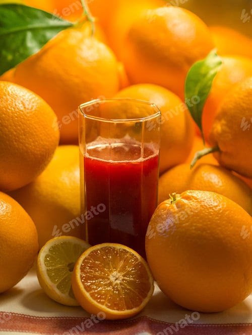Preview: Vertical closeup of a glass of fruit juice with oranges.