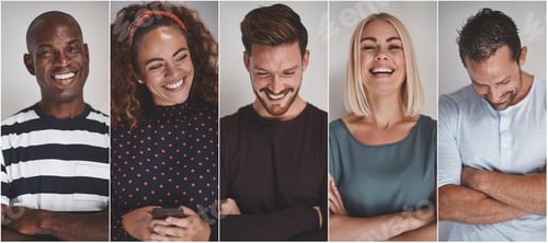 Preview: Collage of ethnically diverse young entrepreneurs laughing