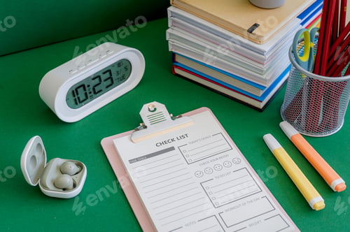 Preview: Colorful school supplies on a green background