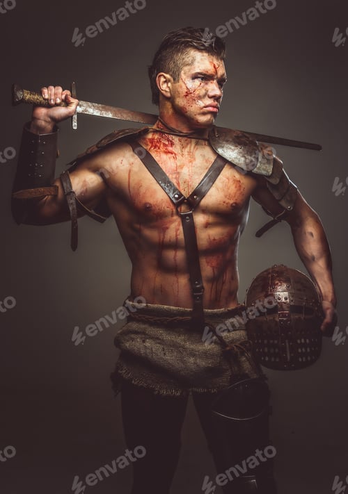 Preview: Muscular shirtless gladiator holding helmet and sword.